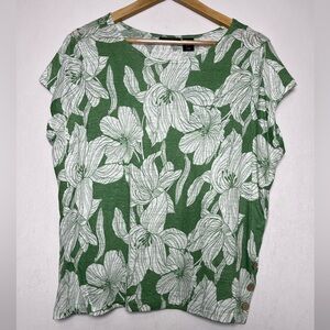 Tahari 100% Linen Green Floral Boho Coastal Basic Women's Top Size XL